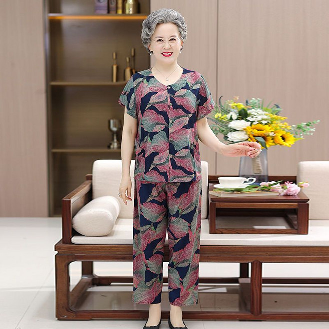 중년 여성 잠옷 세트 여름 할머니 인견 홈웨어 루즈핏 반팔 9부 패츠 세트 여자 실내복 상하복 CJJ