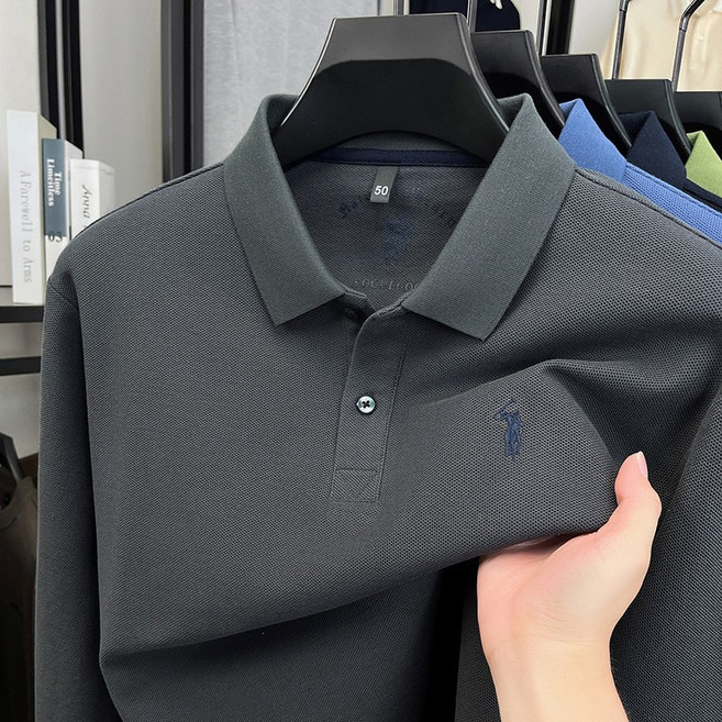 保羅刺繡100%純棉polo衫長袖男高級感翻領休閒秋季中年男士polo衫