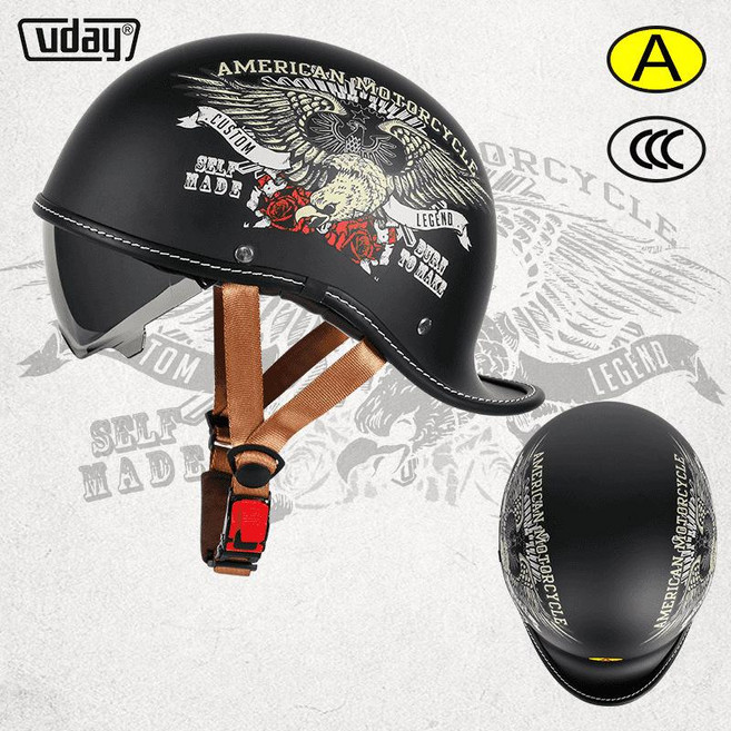 uday 復古摩托車半盔 安全帽, 磨砂黑爆衝