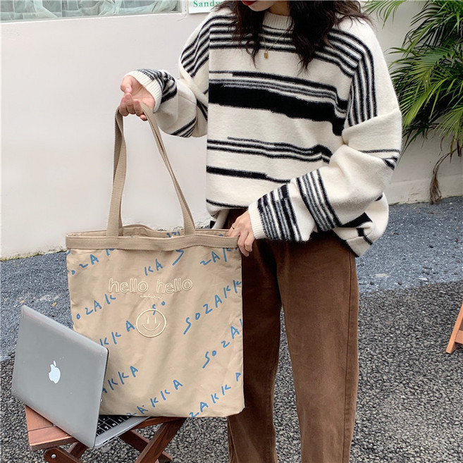 뷰티앤몬스터 hello hello 자수 스마일 캔버스 에코백