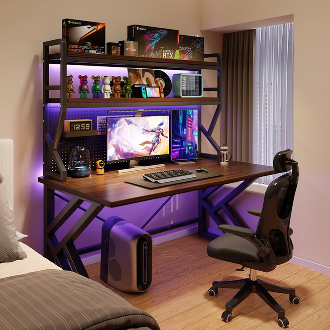 철제 컴퓨터책상 책장 타공판 학생 사무실 게이밍책상 (1200mm) H N Quality Home, 흑호두