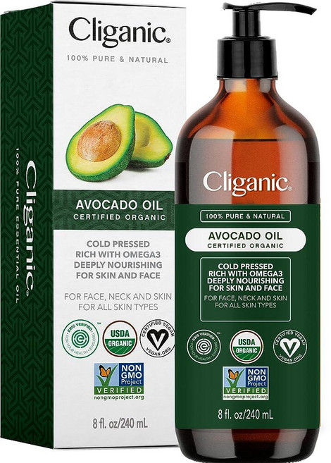 Cliganic 유기농 아보카도 오일 100% 순수 (226.8g(8온스) - 피부 및 모발용 얼굴 및 바디용 영양 캐리어 오일, 1