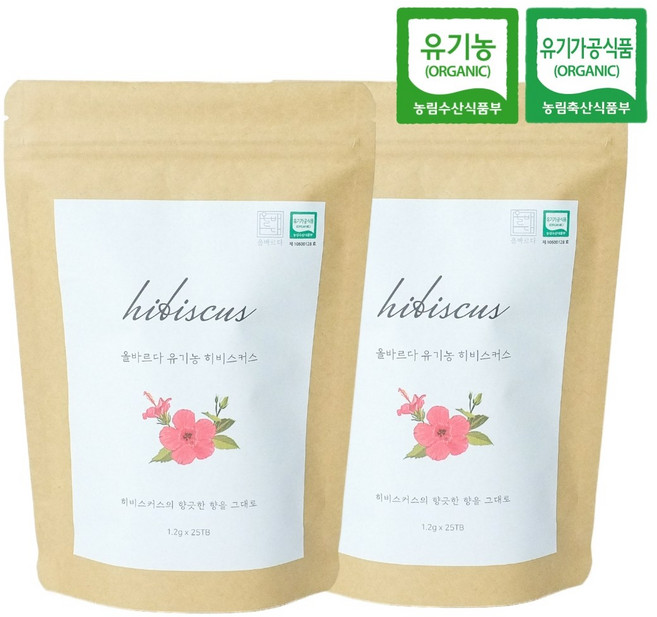 올바르다 유기농 히비스커스 차 티 티백, 1g, 2봉, 25개입