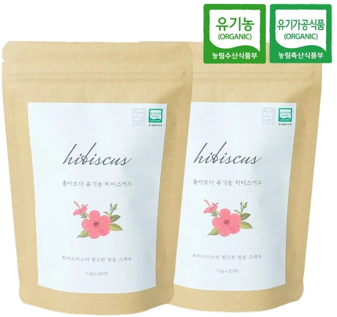 올바르다 유기농 히비스커스 차 티 티백, 1g, 2봉, 25개입 - 쿠팡