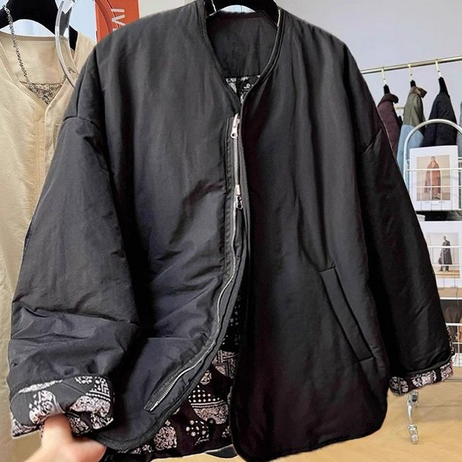 WPUY 숏패딩 노카라패딩 여성 귀여운 꽃무늬 빈티지 누빔 패딩점퍼 자켓 아우터 패션 라운드넥 루즈핏 캐주얼 누빔 퀼팅자켓 집업 플라워 패딩 얇은 코트