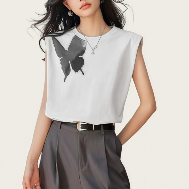 Makone 여성 라운드넥 순면 민소매 티셔츠 나비 프린트 루즈핏 슬리브리스 상의