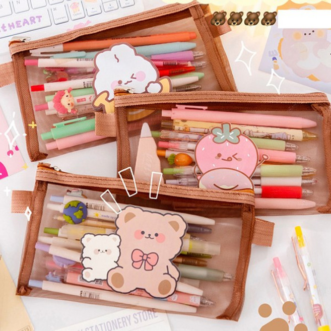 5시 fooi 캐릭터 브라운 망사필통 매쉬 파우치 납작필통 지퍼 펜파우치 빠른배송, 03. 졸린공룡