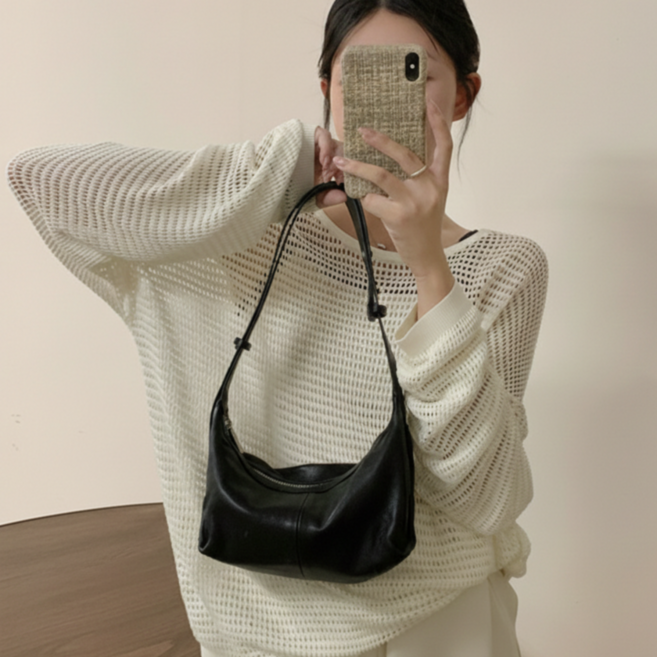 여성 양가죽 플로우 미니 크로스백 부드러운 곡선 디자인 지퍼스트랩 타입