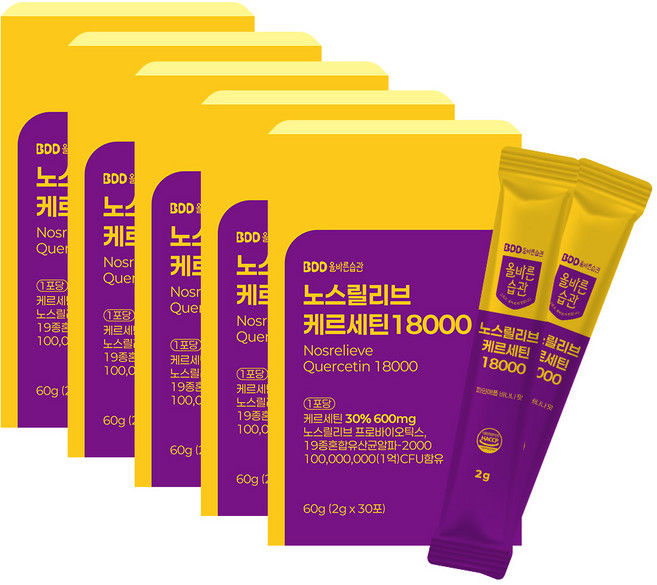 올바른습관 꽃가루 노스릴리브 브로멜라인 퀘르세틴 HACCP 국내 최대함량 18000 파인애플 바나나맛 90회분, 60g, 5박스