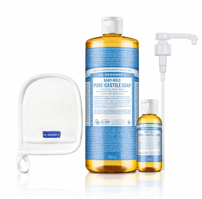 닥터 브로너스 베이비 마일드 퓨어 캐스틸 솝 세트구성 총 1010ml 전용펌프 샤워글러브, 1개, 950ml - 쿠팡