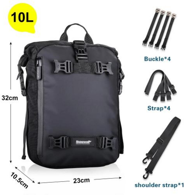 Rhinowalk 오토바이 뒷좌석 방수 새들 사이드 러기지 다기능 숄더백 10L 또는 20L 30L, Black-10L