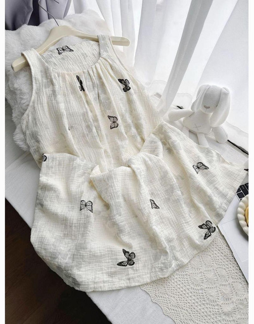 睡裙 女生 涼感 帶胸墊 蝴蝶印花 夏季 少女 長款家居服連衣裙