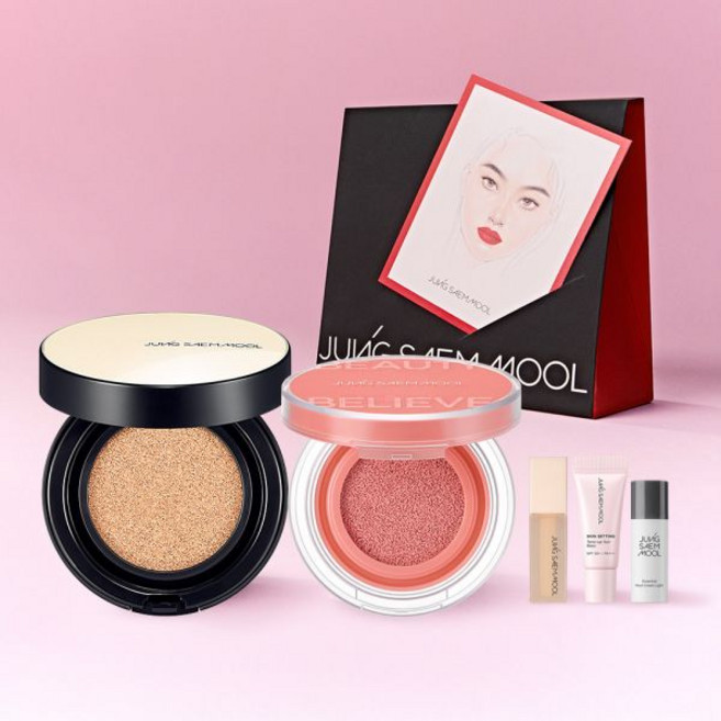 선물포장 정샘물 내추럴 메이크업 세트 2종 스킨 누더 쿠션 본품 쿠션 블러쉬 455712, B. 엔라이트, I. 블루밍 팬지
