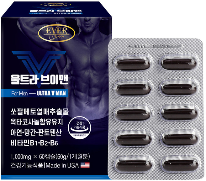 쏘팔메토 열매 추출물 옥타코사놀 40mg 로르산 115mg 아연 L 아르지닌 함유 남성 전립선 건강 도움 건강기능식품, 60정, 1개
