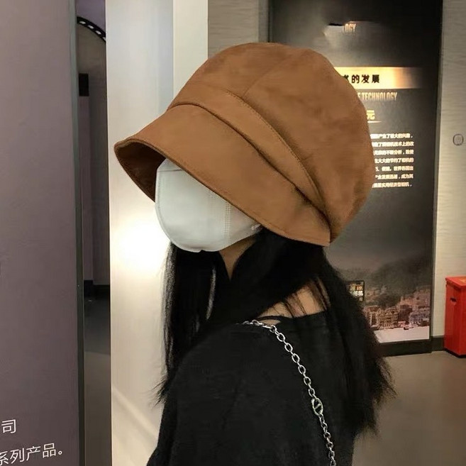 -帽子女秋冬素顏百搭盆帽麂皮絨法式前長後短堆堆帽遮臉八角貝雷帽-FC26