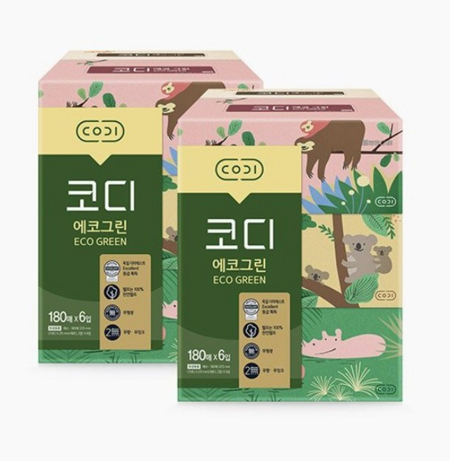 코디 2겹 천연펄프 에코그린 미용티슈 180매, 12개입, 1개
