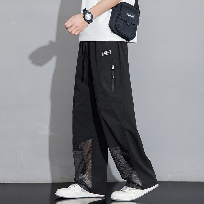 夏季新款冰絲速乾網眼空調褲 超薄透氣涼感降溫 寬鬆直筒休閒褲