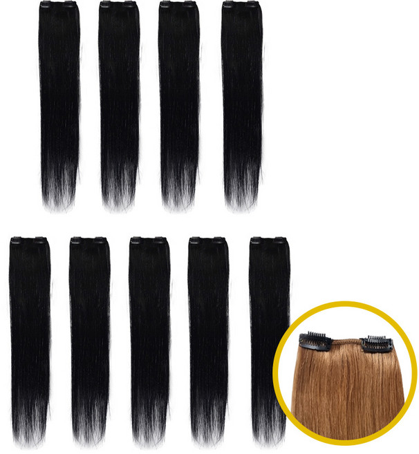 프리티레이디 인모 헤어피스 2핀 x 9피스 똑딱핀이 2개 부착된 똑딱이 피스 9개 숱보충용, #1B, 45cm