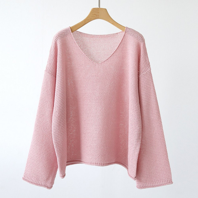 제니트 여성 스카시 페미닌 성글짜임 여리핏 루즈한 브이넥 니트 여자 시원 긴팔