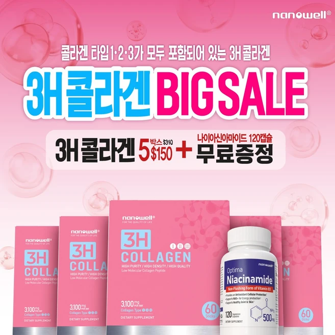 [4월세일] 나노웰 숀리 콜라겐 60포 X 5박스와 나이아신 120캡슐 1병 - 쿠팡