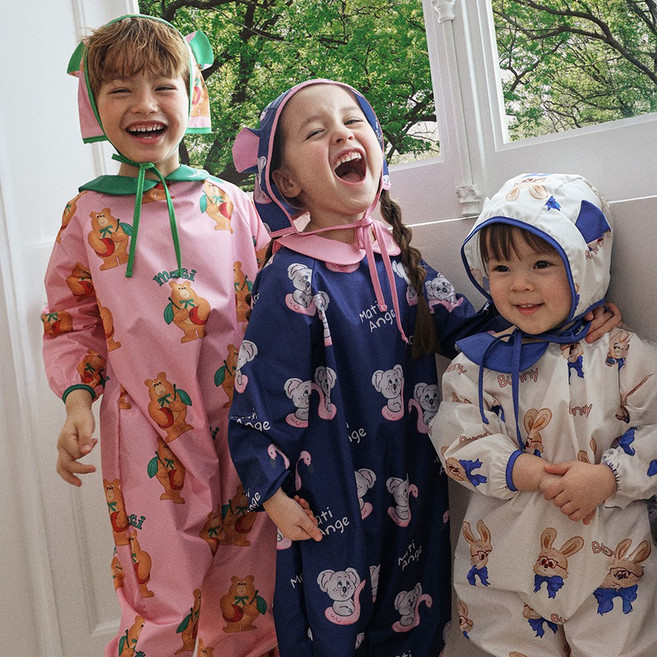 마티앙쥬 아기 유아 방수 전신 촉감놀이 미술가운, 핑크 체리베어