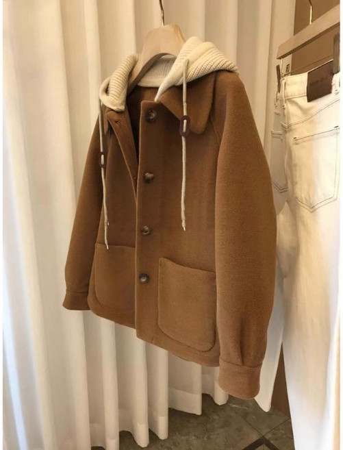 ANYOU 니트 후드 모직 코트 여 가을 겨울 도톰 코트