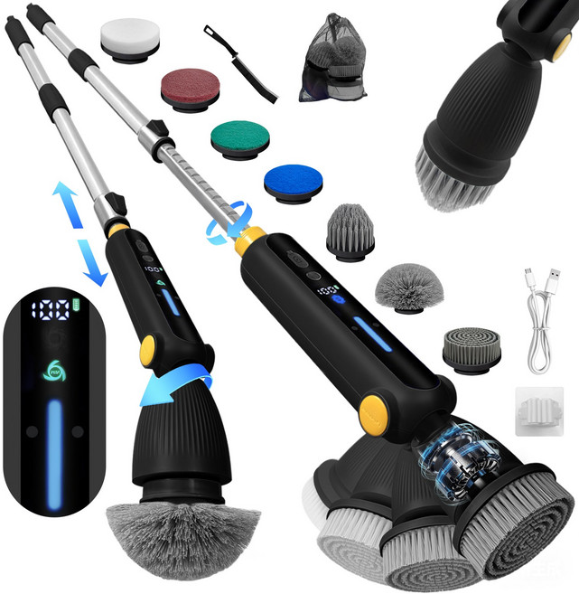 욕실 청소기 무선 전동 화장실 청소솔 주방 회전형 다용도 청소기 신축성 IPX7 방수 LED 디스플레이 7in1세트, 블랙, E2L201