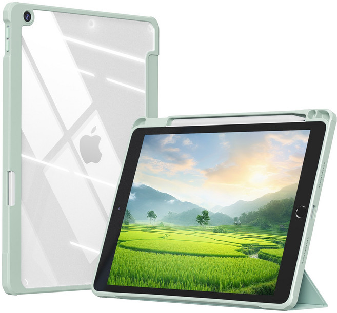 아이패드 초슬림 투명 3단 접이식 케이스 4중방호 (방진/충격/낙하/구부러짐방지) 펜수납 무선충전 자동절전 호환: iPad 10세대 11형 Air/Pro, 녹색