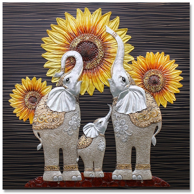 케이엠데코 해바라기코끼리(대) 부조 액자 돈들어오는그림 거실 풍수인테리어 장식품 해바라기액자