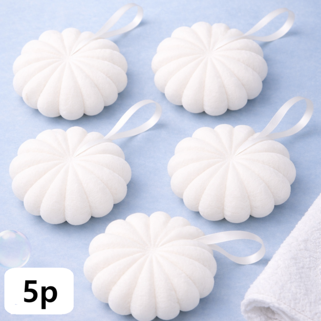 퐁퐁 펌킨 샤워볼 5p 풍성 거품 샤워타월 때수건, 1세트, 5개입, 화이트