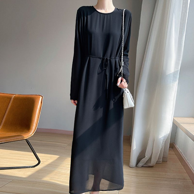 여성 라운드넥 긴팔 쉬폰 롱 원피스 봄 루즈핏 기질 원피스 여자 패션 쉬폰 드레스 LT