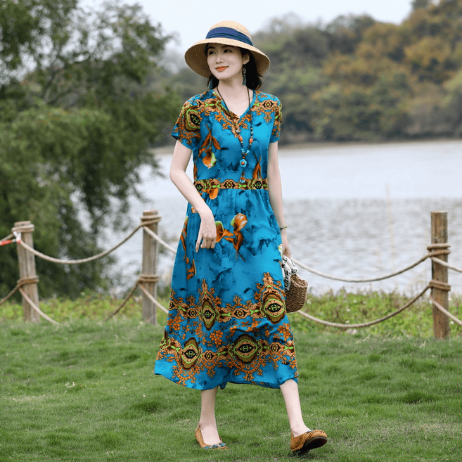 삼제태전 여름 여성용 프린트 반팔 롱원피스 편안하고 시원한 빅사이즈 엄마 옷 캐주얼 일상복