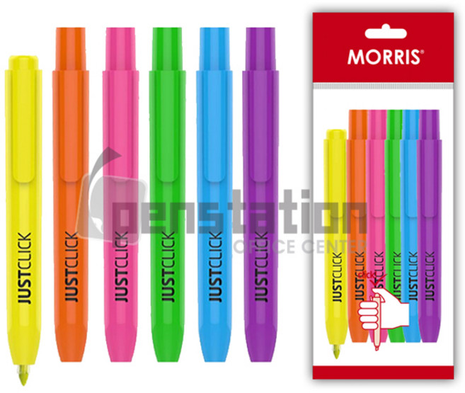 모리스 저스트클릭 노크식 형광펜 M 6개 세트(모리스 정품 블리스터 포장 케이스), 옐로우1+오렌지1+그린1+블루1+바이올렛1+핑크1