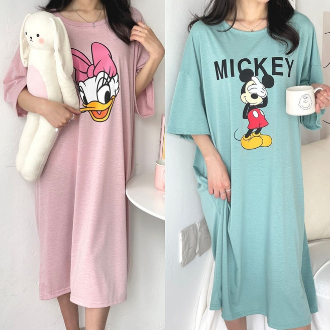 디즈니 반팔 기본 롱 잠옷 원피스 홈웨어 오버핏 빅사이즈 여성 여자 국내제작
