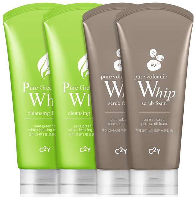 C2Y 누적300만개)휩 폼클렌징 4개 아쿠아 세안제 클렌징폼, 화산송이 2개+그린티 2개, 1세트, 120ml