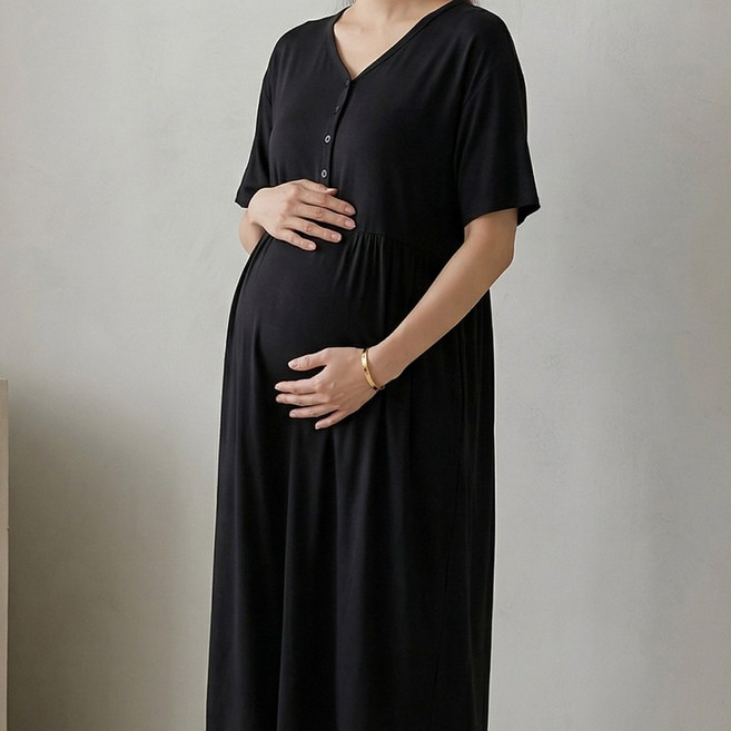 [당일출고] 수엠W 임산부 홈웨어 수유가능 브이넥 반팔 버튼 롱원피스 P21 반팔맘수유원피스
