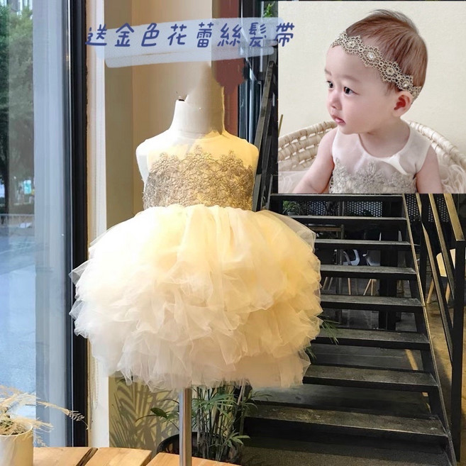 FADOBABY 寶寶滿月抓周週歲公主裙 高端刺繡網紗澎澎蛋糕裙 香檳色禮服 贈金色皇冠髮飾