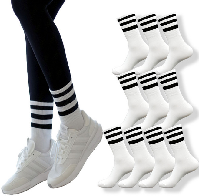 지니양말 100% 국내생산 남성 여성 삼선 포인트 라인 중목 양말 10켤레