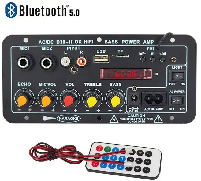110V-220V 12V 디지털 블루투스 앰프 보드 서브우퍼 듀얼 마이크 가라오케 앰프 스피커 홈 시어터 DIY 30W, 01 EU Plug Cable, 한개옵션1