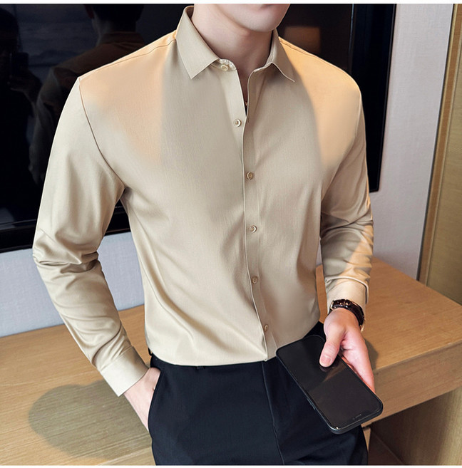 高級感白色襯衫男長袖2025新款高端無痕男裝商務正裝修身彈力襯衣