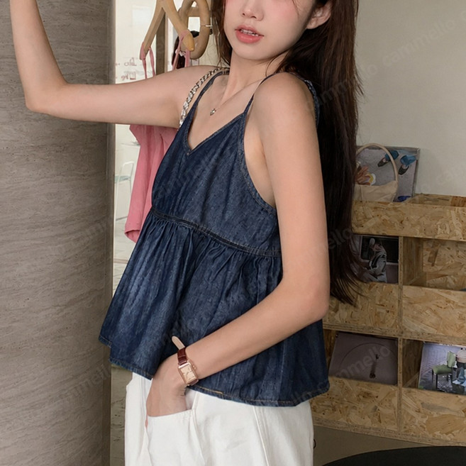 cammello 찰랑 데님무드 플레어 뷔스티에 나시 블라우스 민소매 나시티