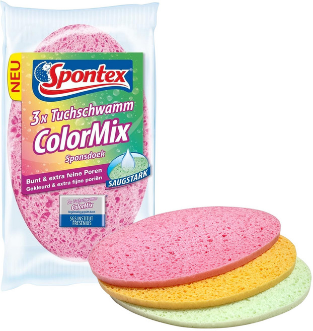 스폰텍스 프랑스 셀룰로오스 스폰지 수세미 컬러믹스 ColorMix_제로스크래치 제로미세플라스틱 생분해 100%, 1세트, 3개입
