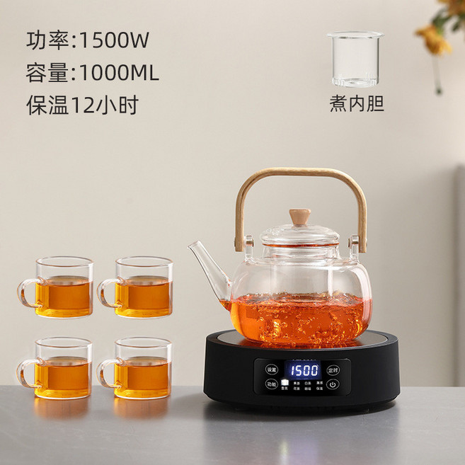 110V 1500W 多功能電陶爐 煮茶器 附4杯 保溫12小時, 黑色電陶爐+提樑壺（送4杯）,110伏