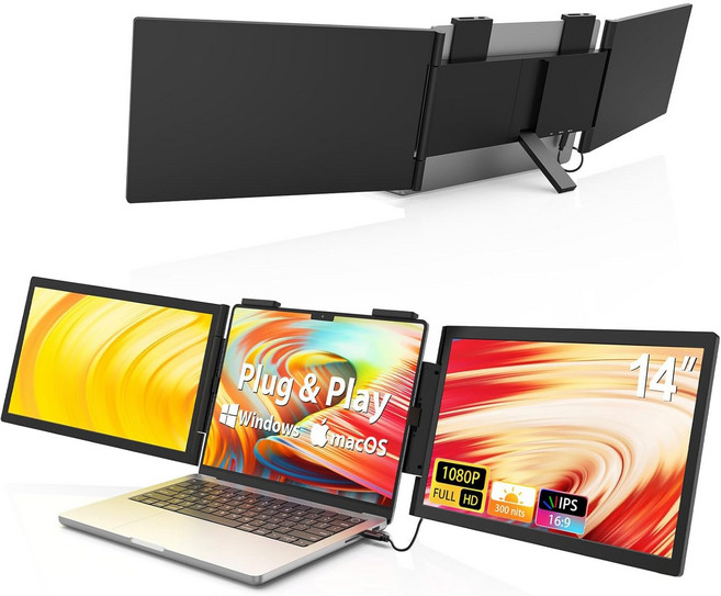 142인치 듀얼 스크린 휴대용 모니터 노트북 확장 스크린 주식 다중 스크린 접이식 외부 장비 보조 스크린 다기능, 14inch -1080P-듀얼 스크린-2 C 포트(Z1