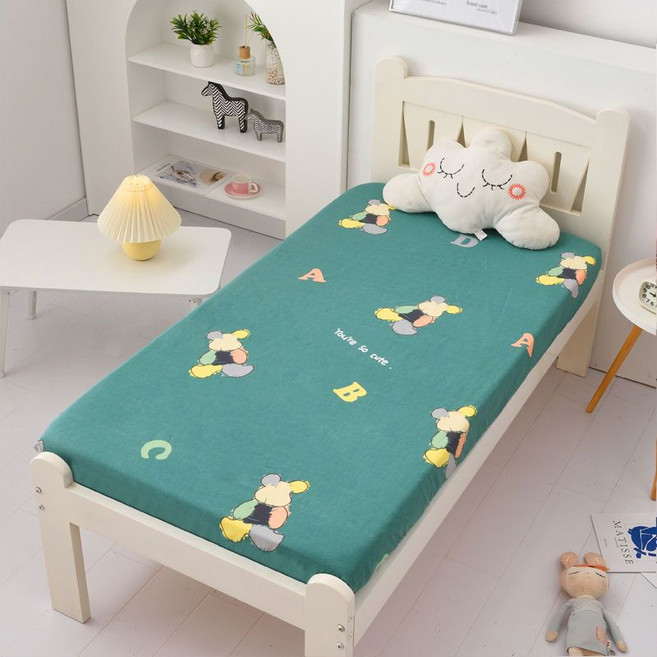 兒童床床笠 床笠 兒童床墊套 純棉全包單件 嬰兒床床單, 新綠熊 秋冬加厚款 ,60*110 厚3-9cm, 1個