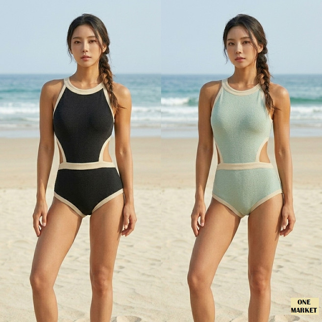 배색 라인 백리스 홀터넥 모노키니 섹시 수영복(패드유), L, 검정