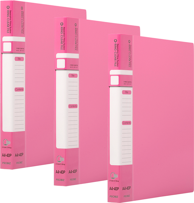프로비즈 3공 O링 클리어파일 바인더화일 40매, 3개, 핑크