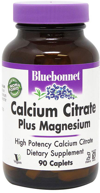 Bluebonnet 檸檬酸鈣&鎂補充錠 無麩質 無糖, 90顆, 1罐