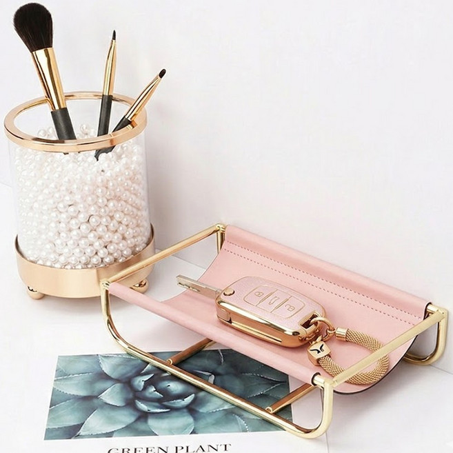 차키 악세사리 소품 보관함 가죽 트레이 골드, 핑크, 1개