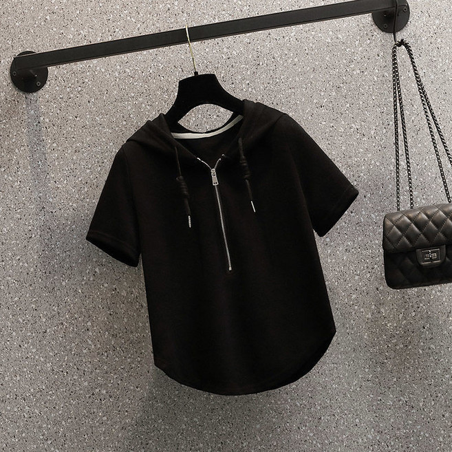 M-3XL 短袖抽繩拉鏈連帽上衣